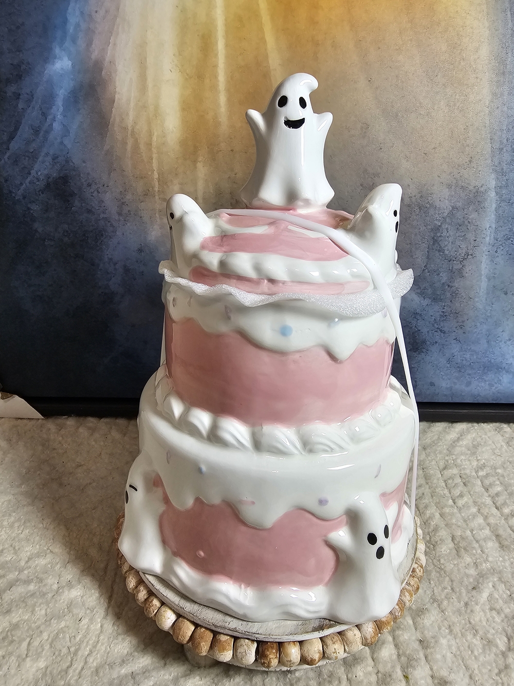Ghost Tiered Cake Ceramic Treat Jar - Pink and White Halloween